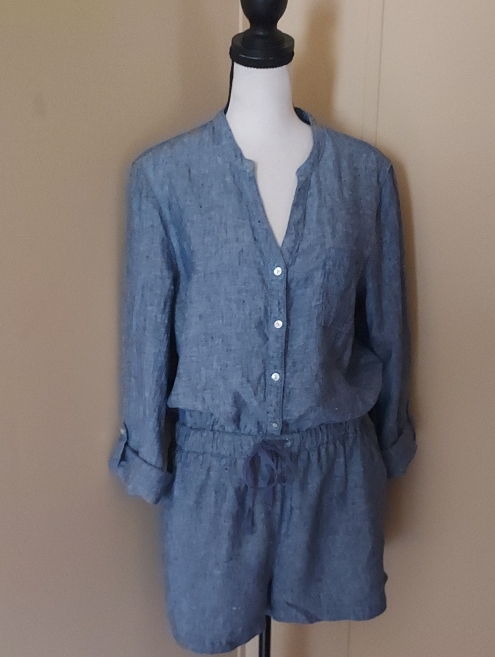 Cynthia Rowley Denim Blue Long Sleeve Linen Romper